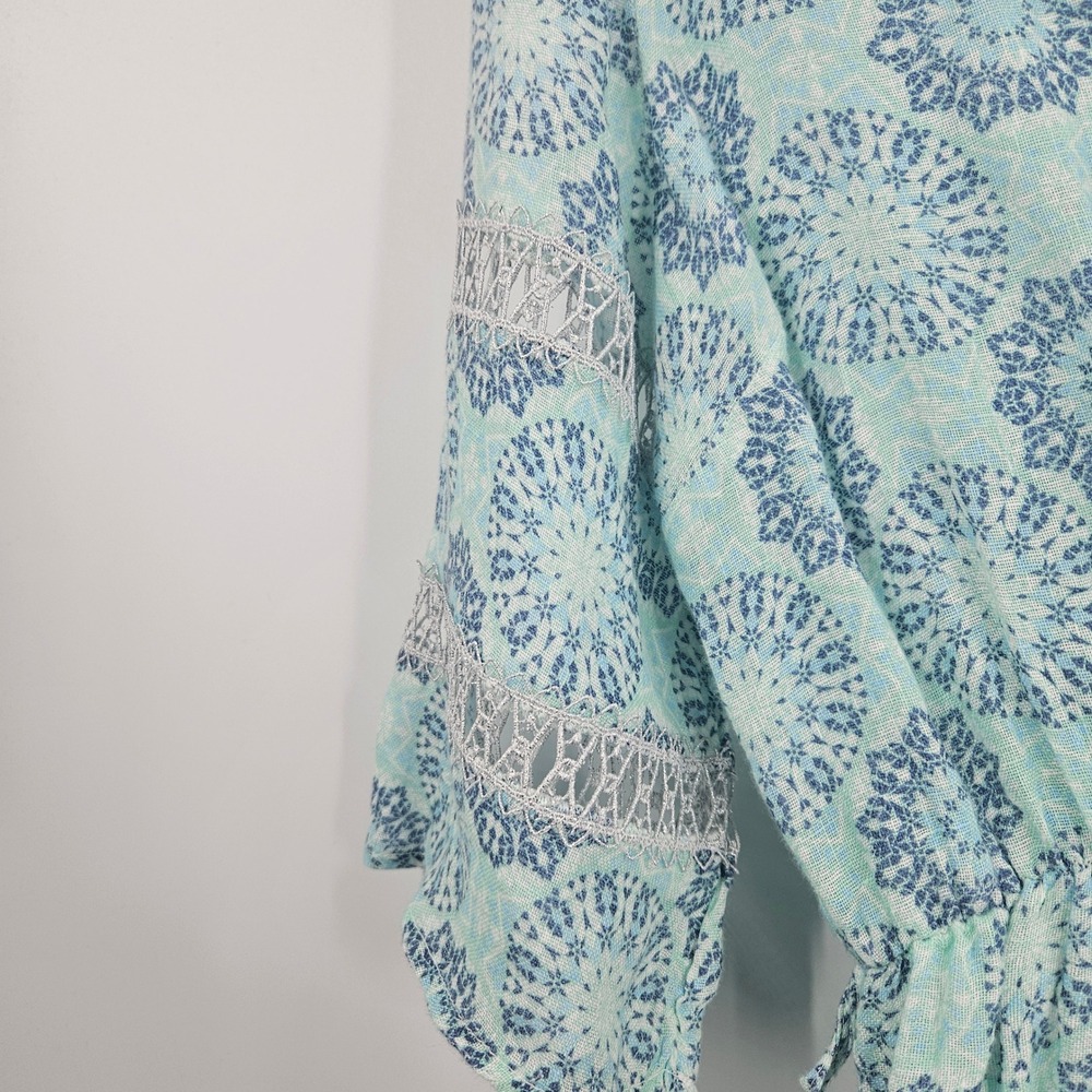 Temptation Positano Puebla Linen Dress Green Blue Medallion Lace Trim Mini Sz S - Picture 7 of 13